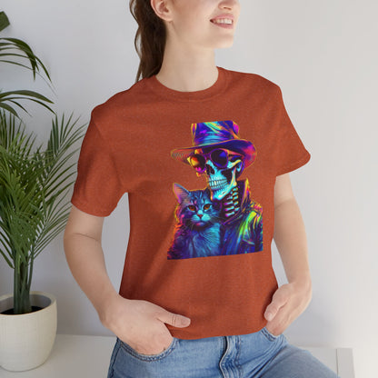 Cool Skeleton and Cat Halloween Shirt – Neon Retro Horror Graphic Tee for Spooky Style and Cat Lovers