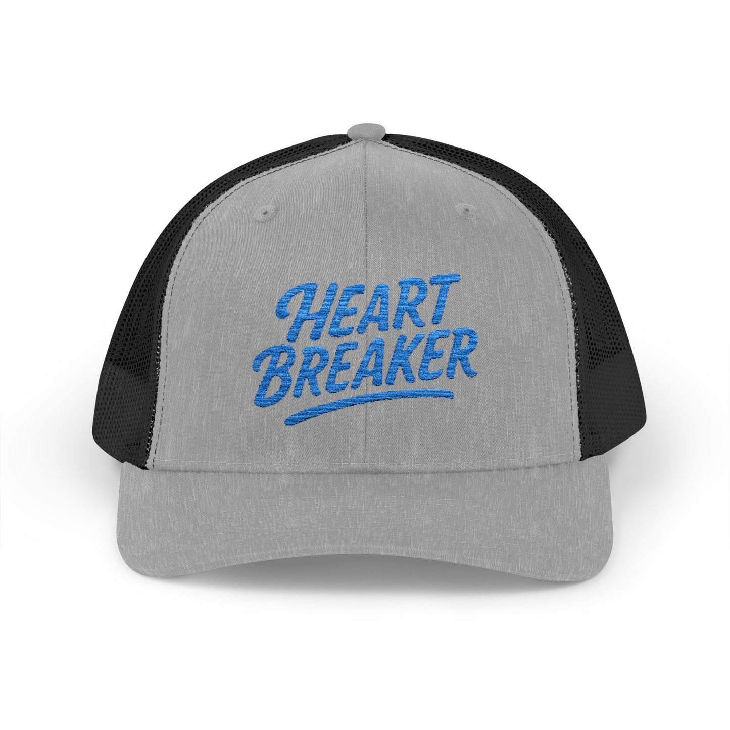 Heartbreaker Trucker Hat – Bold Baseball Hat with Retro Script and Broken Heart Design for Confident Rule-Breakers. Blue Letters