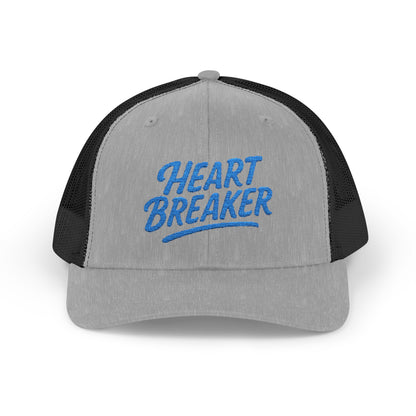 Heartbreaker Trucker Hat – Bold Baseball Hat with Retro Script and Broken Heart Design for Confident Rule-Breakers. Blue Letters