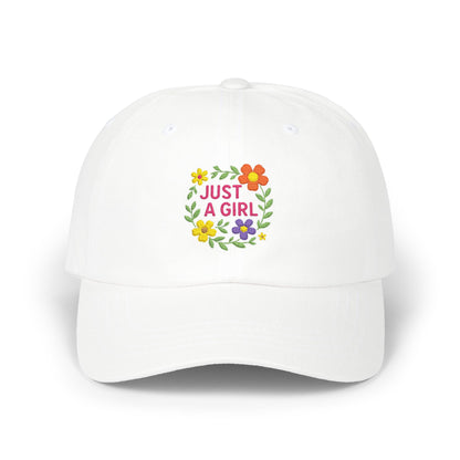 Just a Girl Embroidered Classic Dad Hat – Colorful Floral Baseball Hat with Bold Text and Whimsical Feminine Style