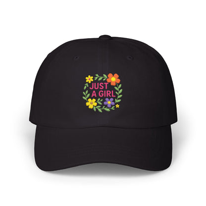 Just a Girl Embroidered Classic Dad Hat – Colorful Floral Baseball Hat with Bold Text and Whimsical Feminine Style