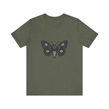 Moth Graphic T-Shirt – Dark Theme Grayscale Winged Insect Design on Black Tee with Gothic Mood and Subtle Modern Ghost Effect. Unisex Jersey Short Sleeve Tee