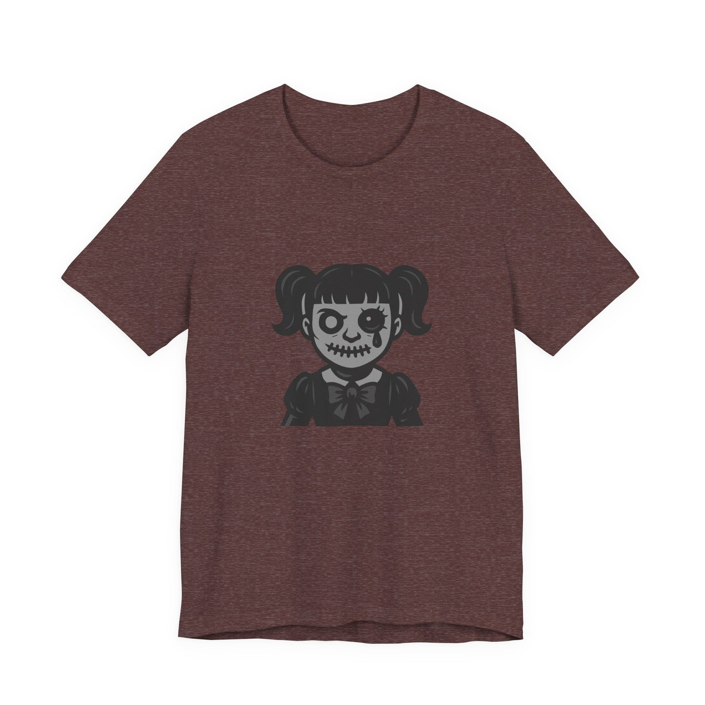 Scary Doll Graphic T-Shirt – Dark Theme Grayscale Creepy Cute Girl Design on Black Tee with Haunted Vibes and Modern Ghost Effect. Unisex Jersey Short Sleeve Tee