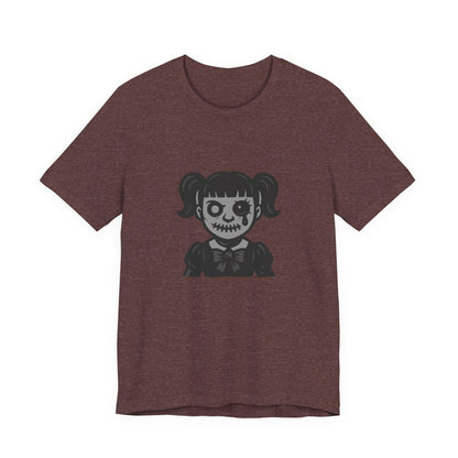 Scary Doll Graphic T-Shirt – Dark Theme Grayscale Creepy Cute Girl Design on Black Tee with Haunted Vibes and Modern Ghost Effect. Unisex Jersey Short Sleeve Tee