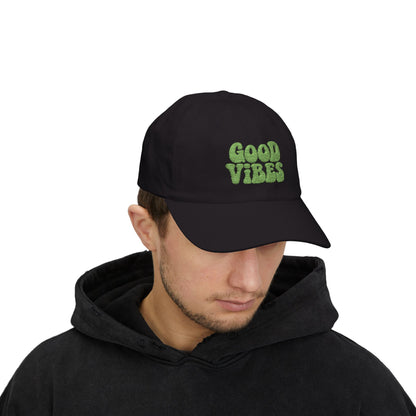 Good Vibes Classic Dad Hat – Embroidered Retro Text Hat for Positive Vibes, Chill Style, and Everyday Feel-Good Energy. Green Letters