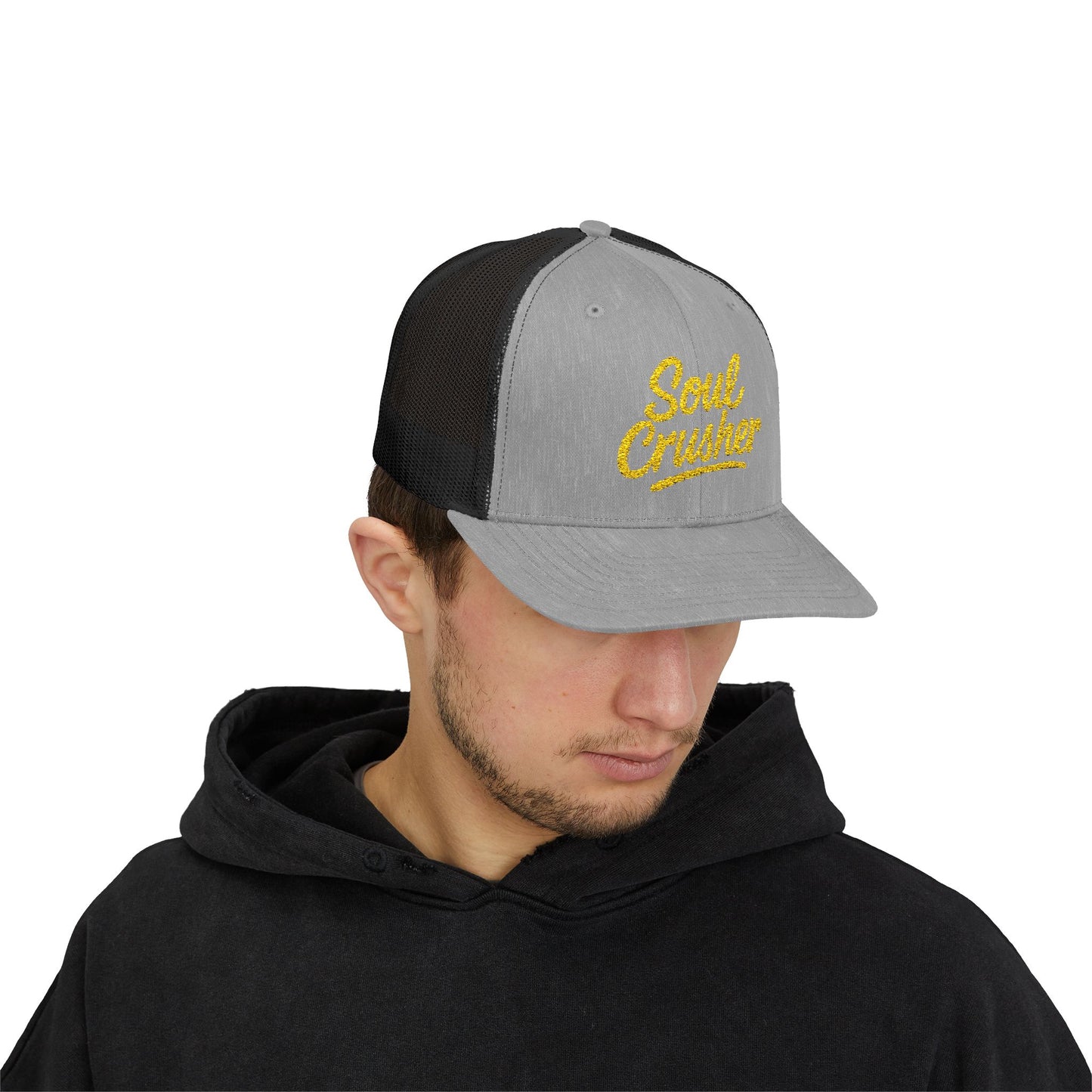 Soul Crusher Trucker Hat – Clean Script Hat with Bold Edge for Heartbreakers, Villains, and Power Moves. Yellow Letters