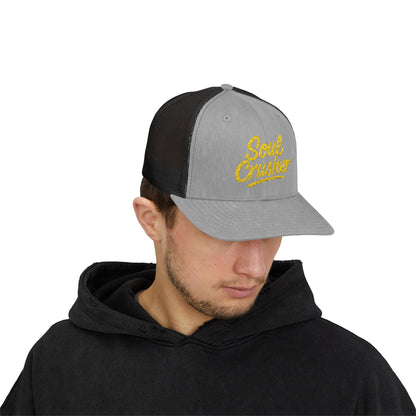 Soul Crusher Trucker Hat – Clean Script Hat with Bold Edge for Heartbreakers, Villains, and Power Moves. Yellow Letters