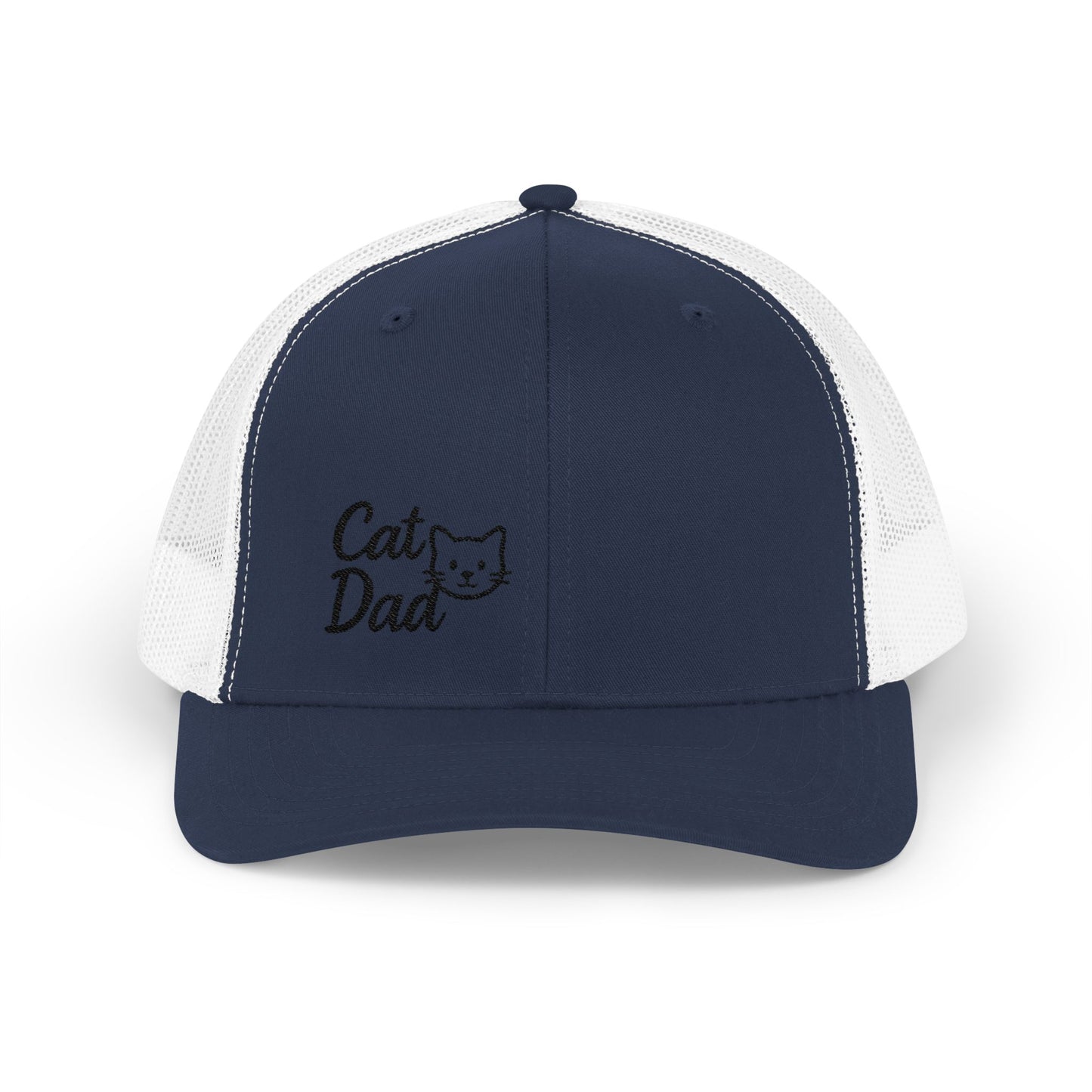 Cat Dad Trucker Hat – Embroidered Minimalist Cat Face Hat for Proud Pet Dads and Feline Fans. Black Letters