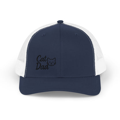 Cat Dad Trucker Hat – Embroidered Minimalist Cat Face Hat for Proud Pet Dads and Feline Fans. Black Letters