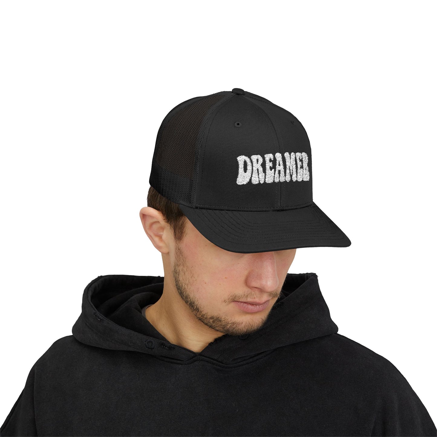 Dreamer Trucker Hat – Embroidered Minimalist Script Hat for Visionaries, Creatives, and Chill Daydreamers. White Letters