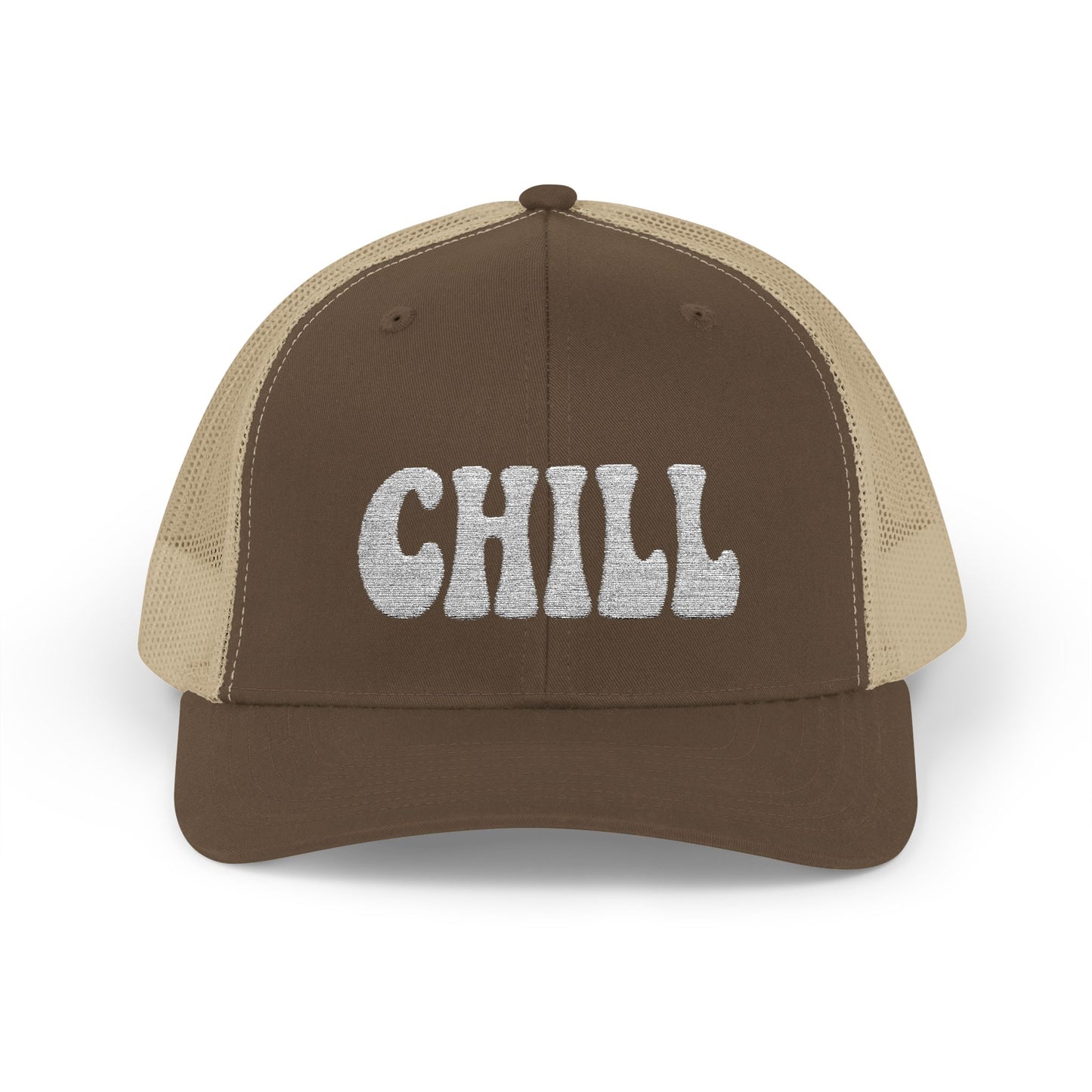 Chill Trucker Hat – Embroidered Relaxed Script Hat for Easygoing Vibes and Everyday Cool. White Letters