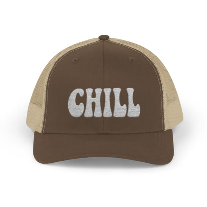 Chill Trucker Hat – Embroidered Relaxed Script Hat for Easygoing Vibes and Everyday Cool. White Letters