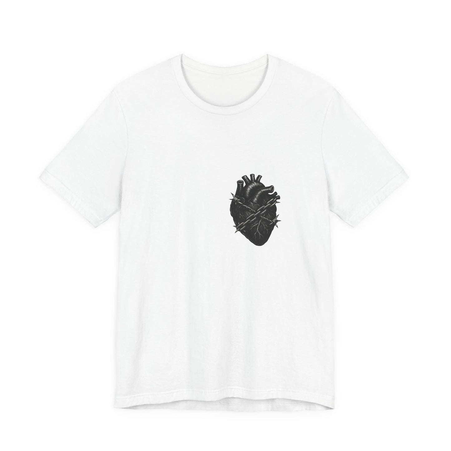 Heart in Chains Shirt – Dark Theme Anatomical Heart Wrapped in Barbed Wire and Commitment Issues. Unisex Jersey Short Sleeve Tee