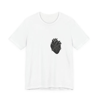 Heart in Chains Shirt – Dark Theme Anatomical Heart Wrapped in Barbed Wire and Commitment Issues. Unisex Jersey Short Sleeve Tee