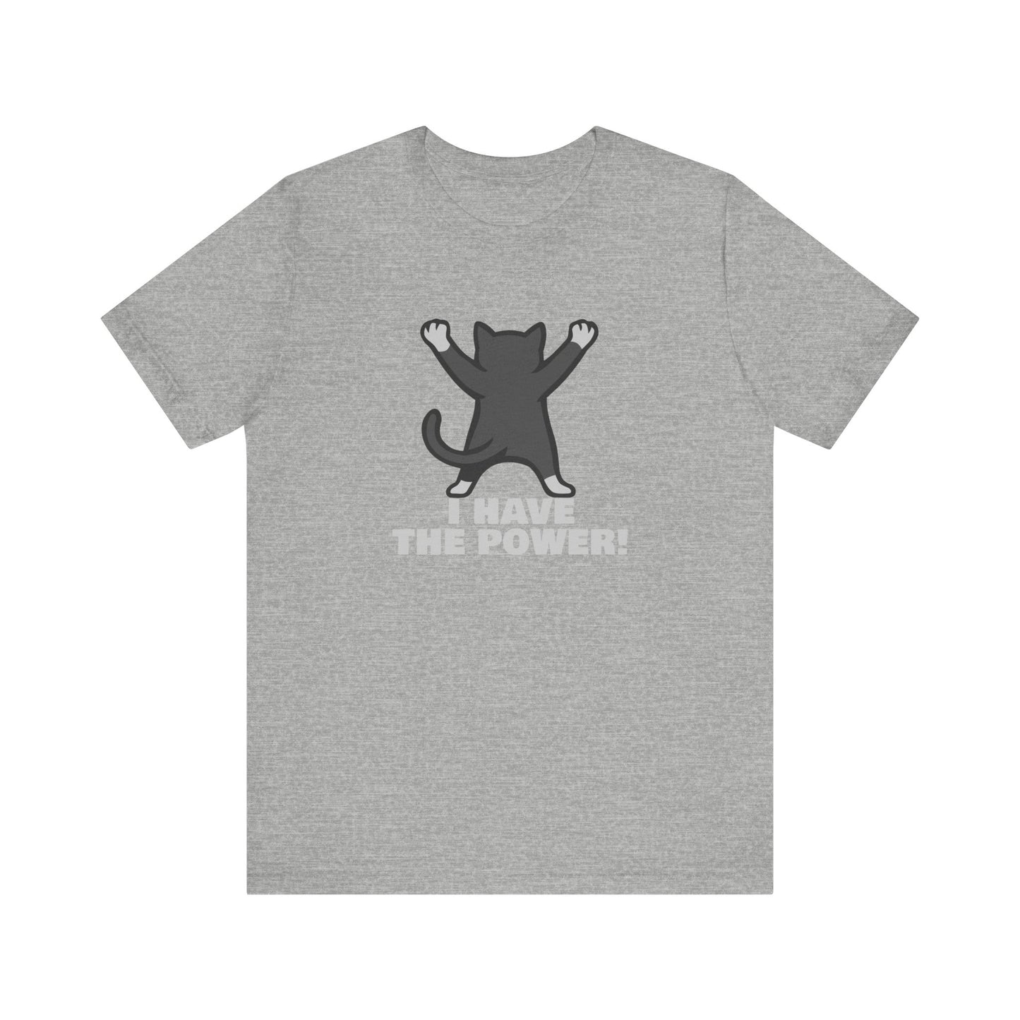 I Have the Power Cat Shirt – Hilarious Victory Pose in Dark Theme Feline Graphic Style. Unisex Jersey Short Sleeve Tee