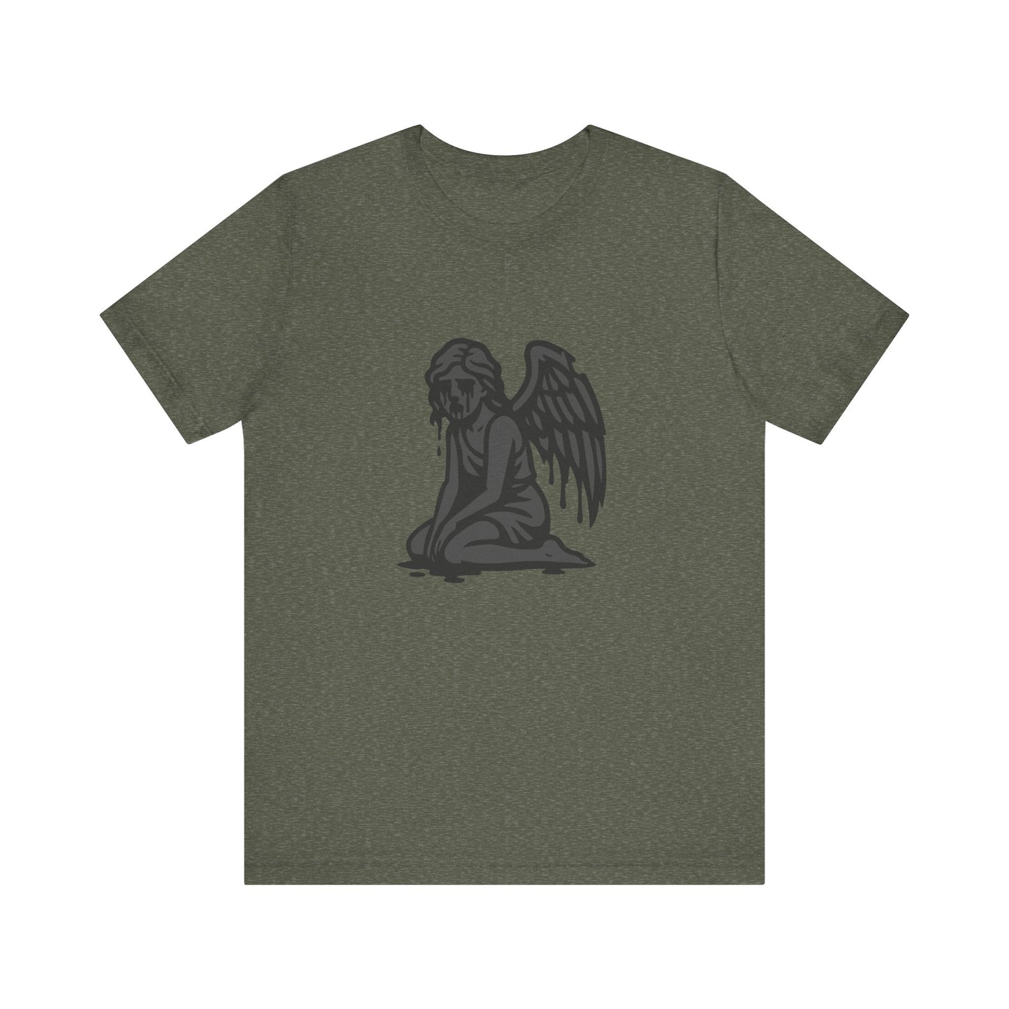 Fallen Angel Dark Theme Graphic T-Shirt – Dark Grayscale Crying Angel Design on Black Tee with Gothic Mood and Modern Ghost Effect. Unisex Jersey Short Sleeve Tee