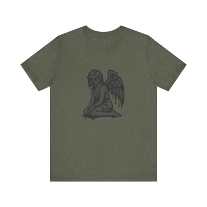 Fallen Angel Dark Theme Graphic T-Shirt – Dark Grayscale Crying Angel Design on Black Tee with Gothic Mood and Modern Ghost Effect. Unisex Jersey Short Sleeve Tee