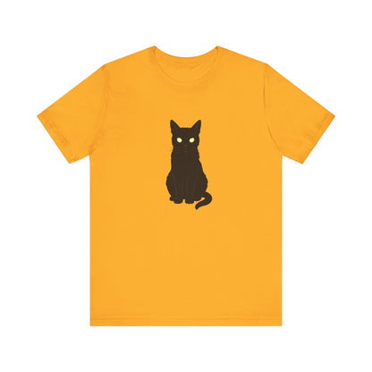 Glowing-Eyed Black Cat Shirt – Dark Theme Feline Stare for Maximum Spook and Minimal Effort. Unisex Jersey Short Sleeve Tee