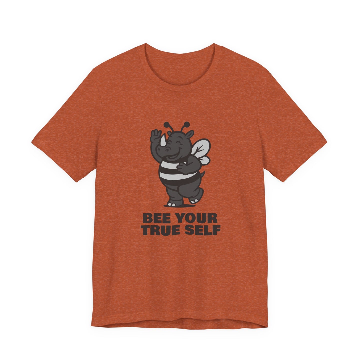 Bee Your True Self T-Shirt – Dark Theme Grayscale Rhino in Bee Costume on Black Tee with Wholesome Humor and Self-Expression Message. Unisex Jersey Short Sleeve Tee