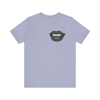 Vampire Mouth Graphic T-Shirt – Dark Theme Grayscale Fanged Lips on Black Tee with Gothic Bite and Modern Ghost Effect. Unisex Jersey Short Sleeve Tee
