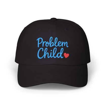 Problem Child Embroidered Classic Dad Hat – Bold Script Baseball Hat with Red Heart for the Unruly and Unapologetic. Blue Letters