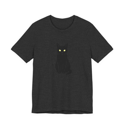 Glowing-Eyed Black Cat Shirt – Dark Theme Feline Stare for Maximum Spook and Minimal Effort. Unisex Jersey Short Sleeve Tee