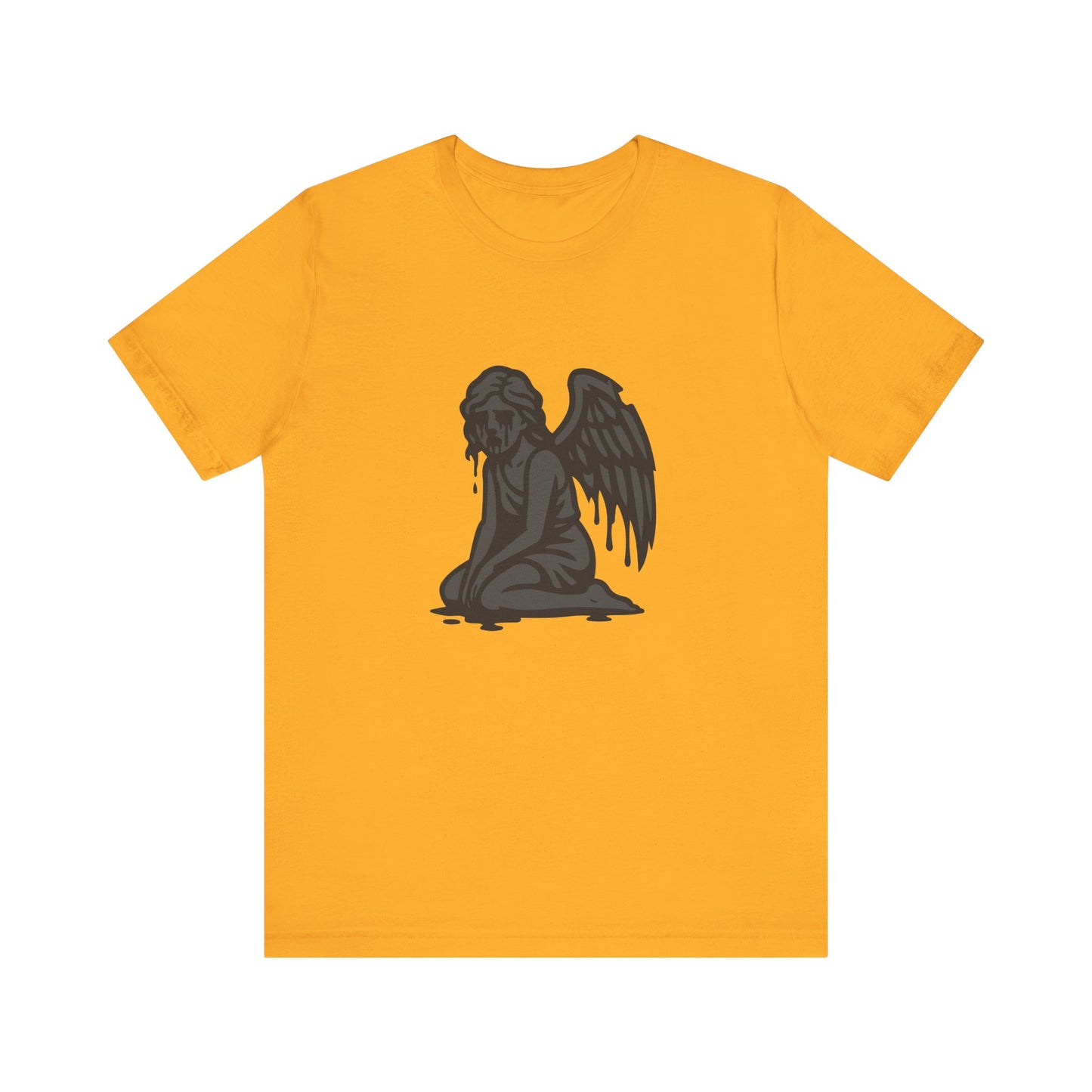 Fallen Angel Dark Theme Graphic T-Shirt – Dark Grayscale Crying Angel Design on Black Tee with Gothic Mood and Modern Ghost Effect. Unisex Jersey Short Sleeve Tee