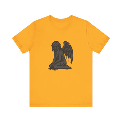 Fallen Angel Dark Theme Graphic T-Shirt – Dark Grayscale Crying Angel Design on Black Tee with Gothic Mood and Modern Ghost Effect. Unisex Jersey Short Sleeve Tee