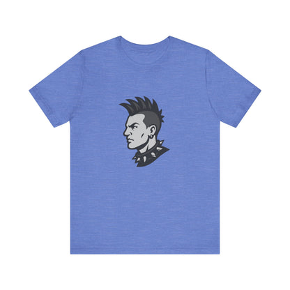 Punk Guy Graphic T-Shirt – Dark Theme Grayscale Mohawk Portrait on Black Tee with Attitude and Subtle Modern Ghost Effect. Unisex Jersey Short Sleeve Tee