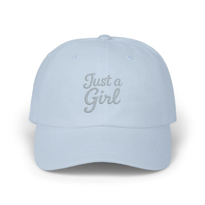 Just a Girl Embroidered Classic Dad Hat – Minimalist Script Baseball Hat with Bold Feminine Energy and Classic Style. Grey Letters