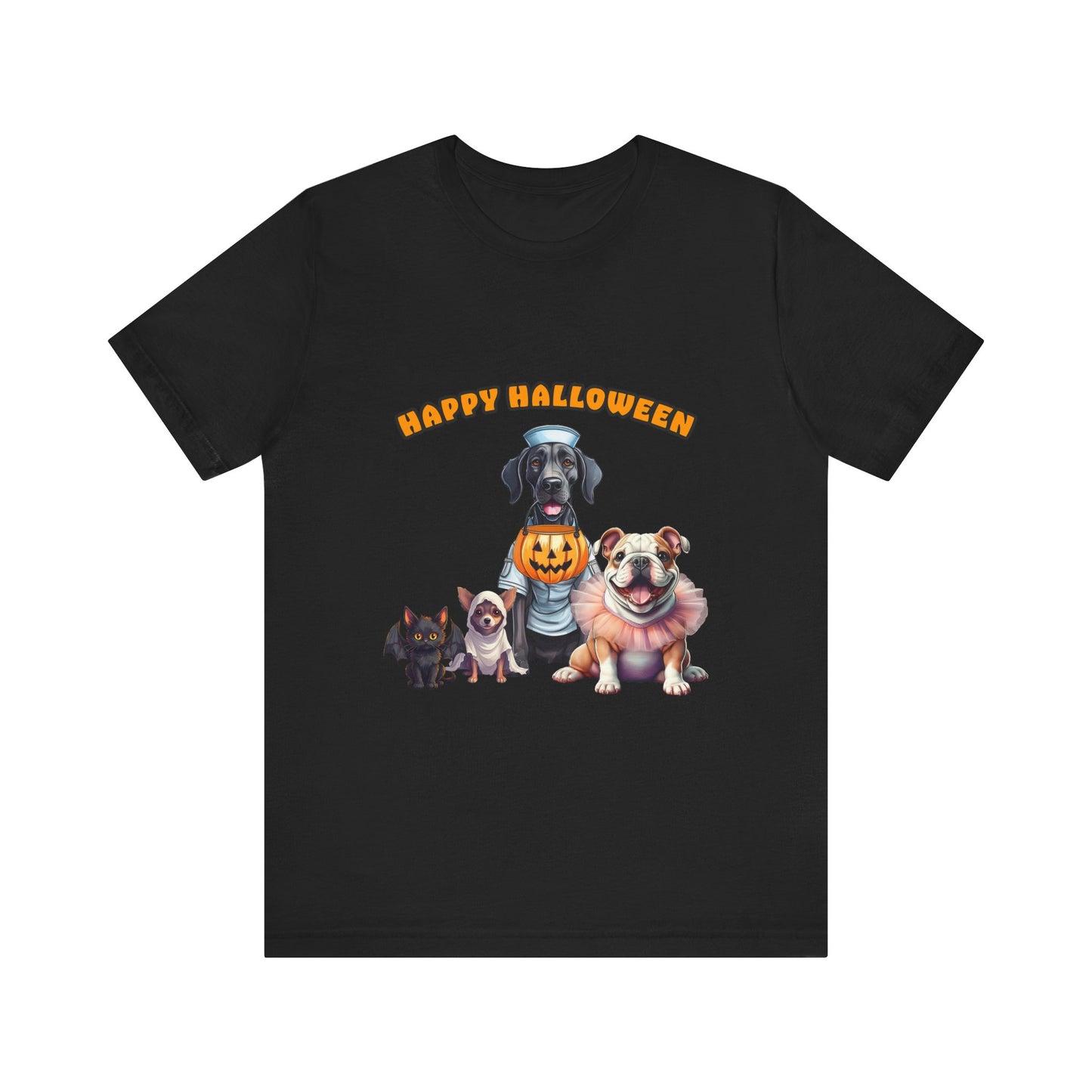 Happy Halloween Pet Parade Shirt – Cute Halloween Dogs and Cat in Costumes. Unisex Jersey Short Sleeve Tee