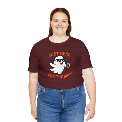 Just Here for the Boos Halloween Shirt – Funny Ghost Drinking Coffee Graphic Tee for Spooky Season