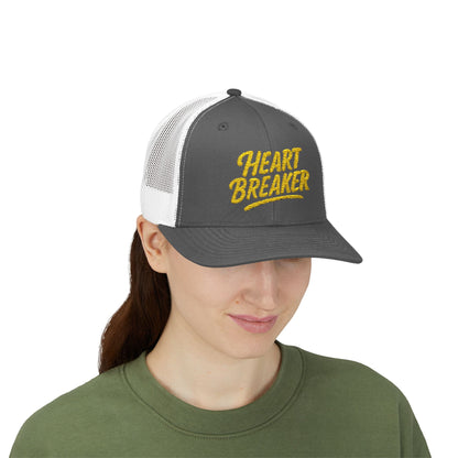 Heartbreaker Trucker Hat – Bold Baseball Hat with Retro Script and Broken Heart Design for Confident Rule-Breakers. Yellow Letters