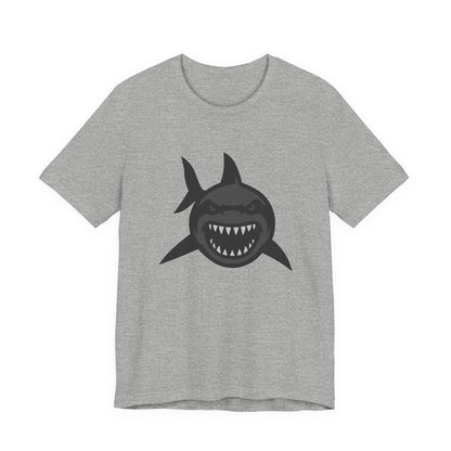 Ferocious Shark Face Graphic Tee with a Bold Bite – Dark Theme Ocean Predator Shirt in Black and Grey. Unisex Jersey Short Sleeve Tee