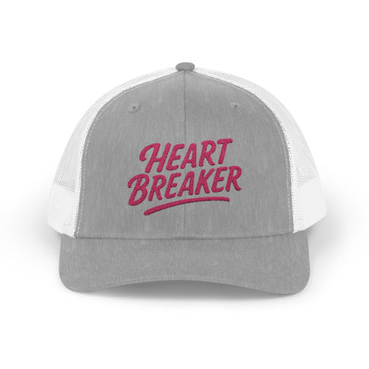 Heartbreaker Trucker Hat – Bold Baseball Hat with Retro Script and Broken Heart Design for Confident Rule-Breakers. Pink Letters