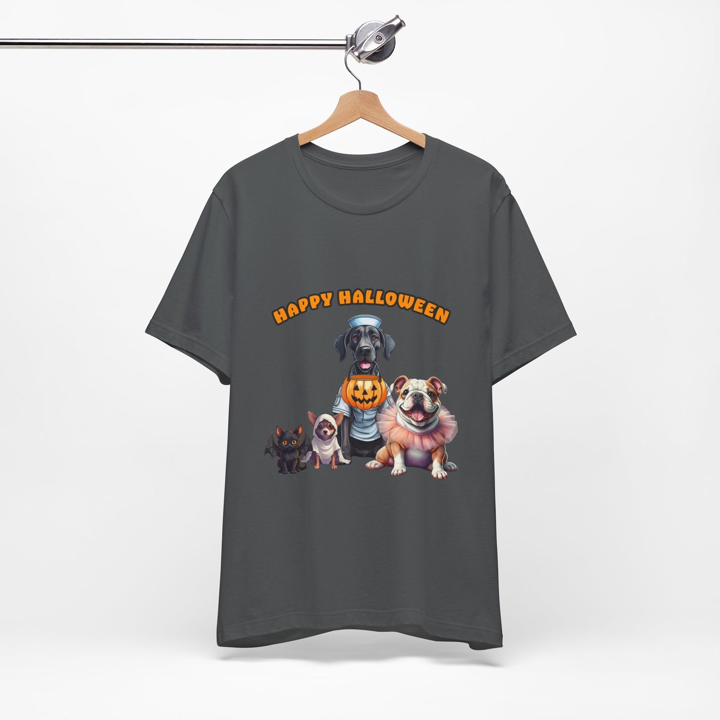 Happy Halloween Pet Parade Shirt – Cute Halloween Dogs and Cat in Costumes. Unisex Jersey Short Sleeve Tee