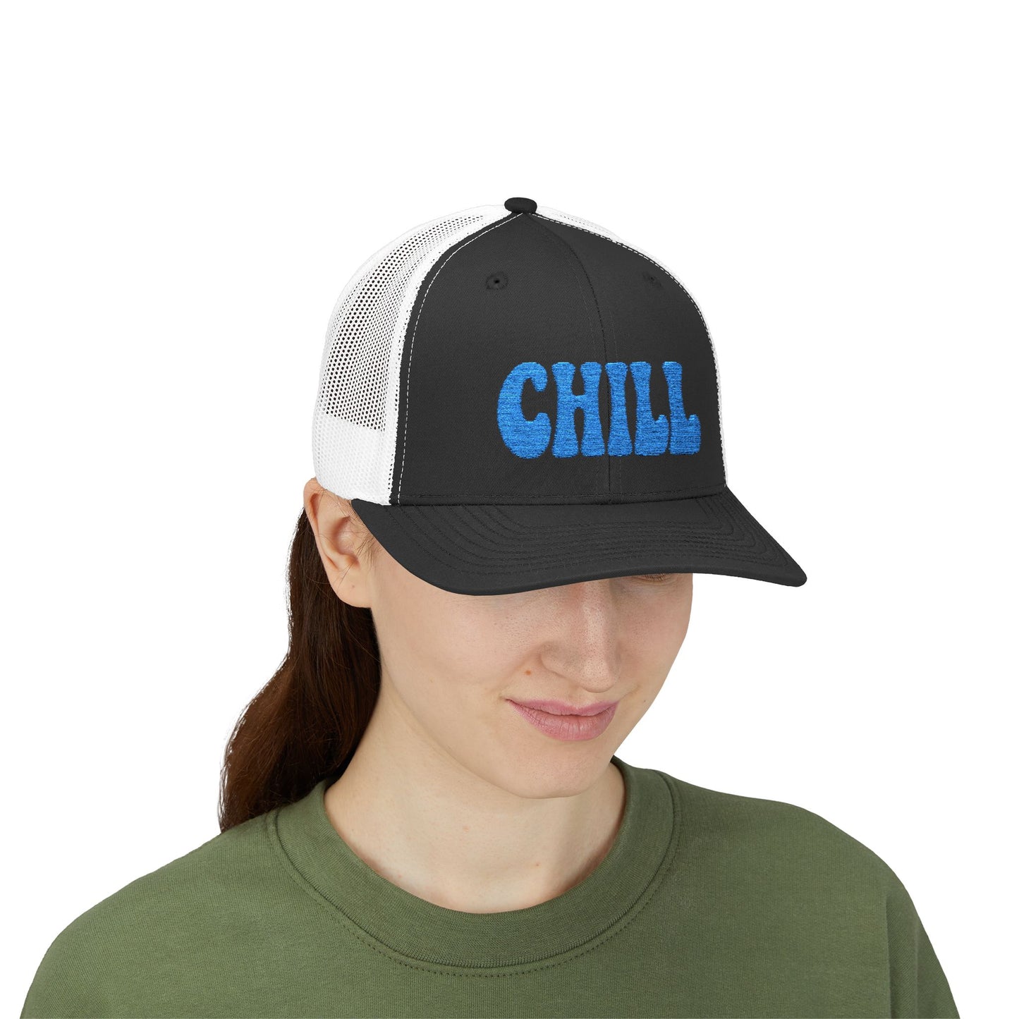 Chill Trucker Hat – Embroidered Relaxed Script Hat for Easygoing Vibes and Everyday Cool. Blue Letters
