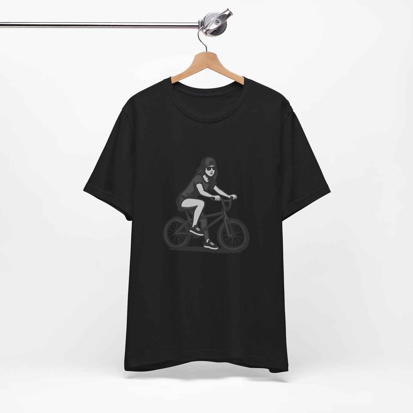 Cool Girl on Bike Graphic T-Shirt – Laid-Back Dark Theme Grayscale Rider Design on Black Tee with Street Style and Subtle Modern Ghost Effect. Unisex Jersey Short Sleeve Tee