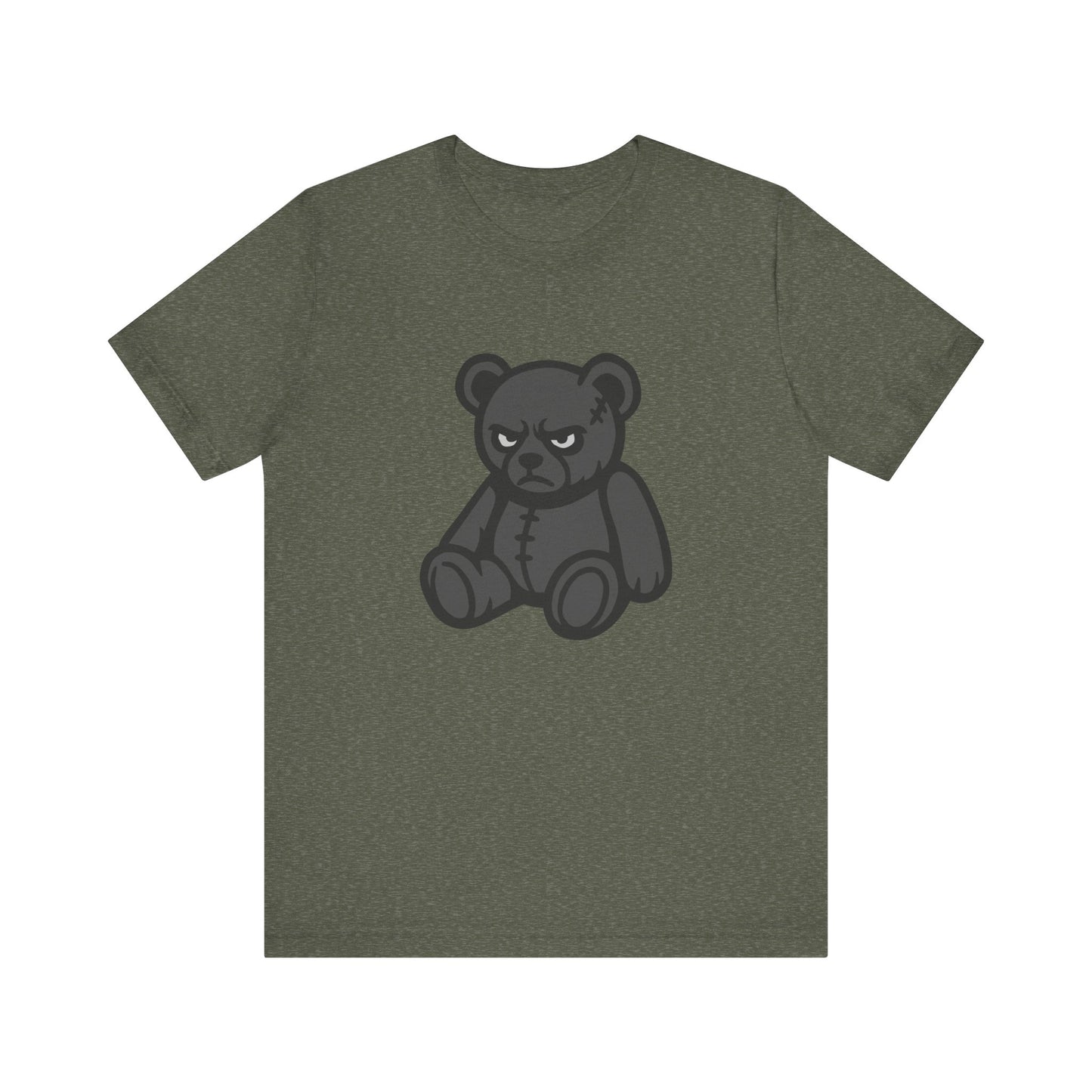 Angry Teddy Bear Graphic T-Shirt – Dark Theme Grayscale Plush with Attitude on Black Tee for Edgy or Ironic Style. Unisex Jersey Short Sleeve Tee