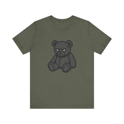 Angry Teddy Bear Graphic T-Shirt – Dark Theme Grayscale Plush with Attitude on Black Tee for Edgy or Ironic Style. Unisex Jersey Short Sleeve Tee