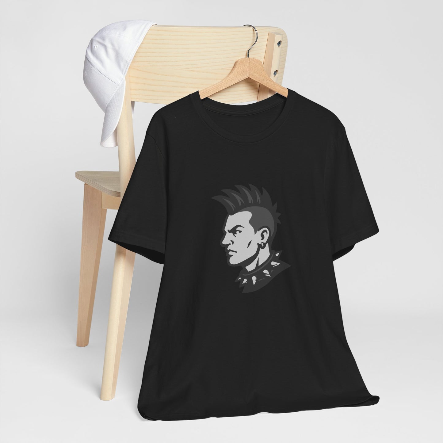 Punk Guy Graphic T-Shirt – Dark Theme Grayscale Mohawk Portrait on Black Tee with Attitude and Subtle Modern Ghost Effect. Unisex Jersey Short Sleeve Tee