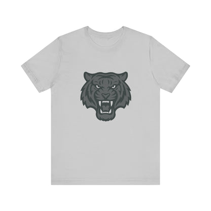 Tiger Head Graphic T-Shirt – Dark Theme Grayscale Roaring Beast Design on Black Tee with Fierce Focus and Modern Ghost Effect. Unisex Jersey Short Sleeve Tee