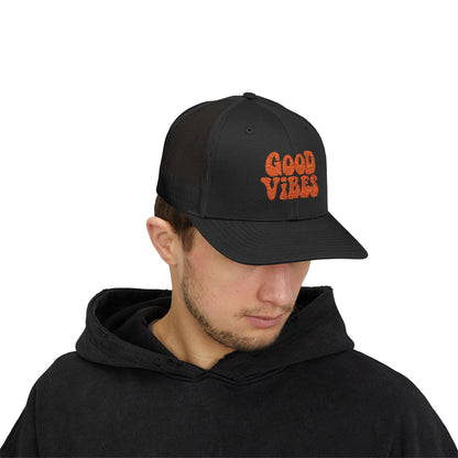 Good Vibes Trucker Hat – Embroidered Retro Text Hat for Positive Vibes, Chill Style, and Everyday Feel-Good Energy. Orange Letters