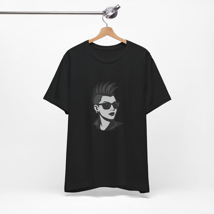 Punk Girl Graphic T-Shirt – Dark Theme Grayscale Spiked Hair Portrait on Black Tee with Bold Energy and Modern Ghost Effect. Unisex Jersey Short Sleeve Tee