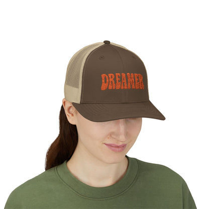 Dreamer Trucker Hat – Embroidered Minimalist Script Hat for Visionaries, Creatives, and Chill Daydreamers. Orange Letters