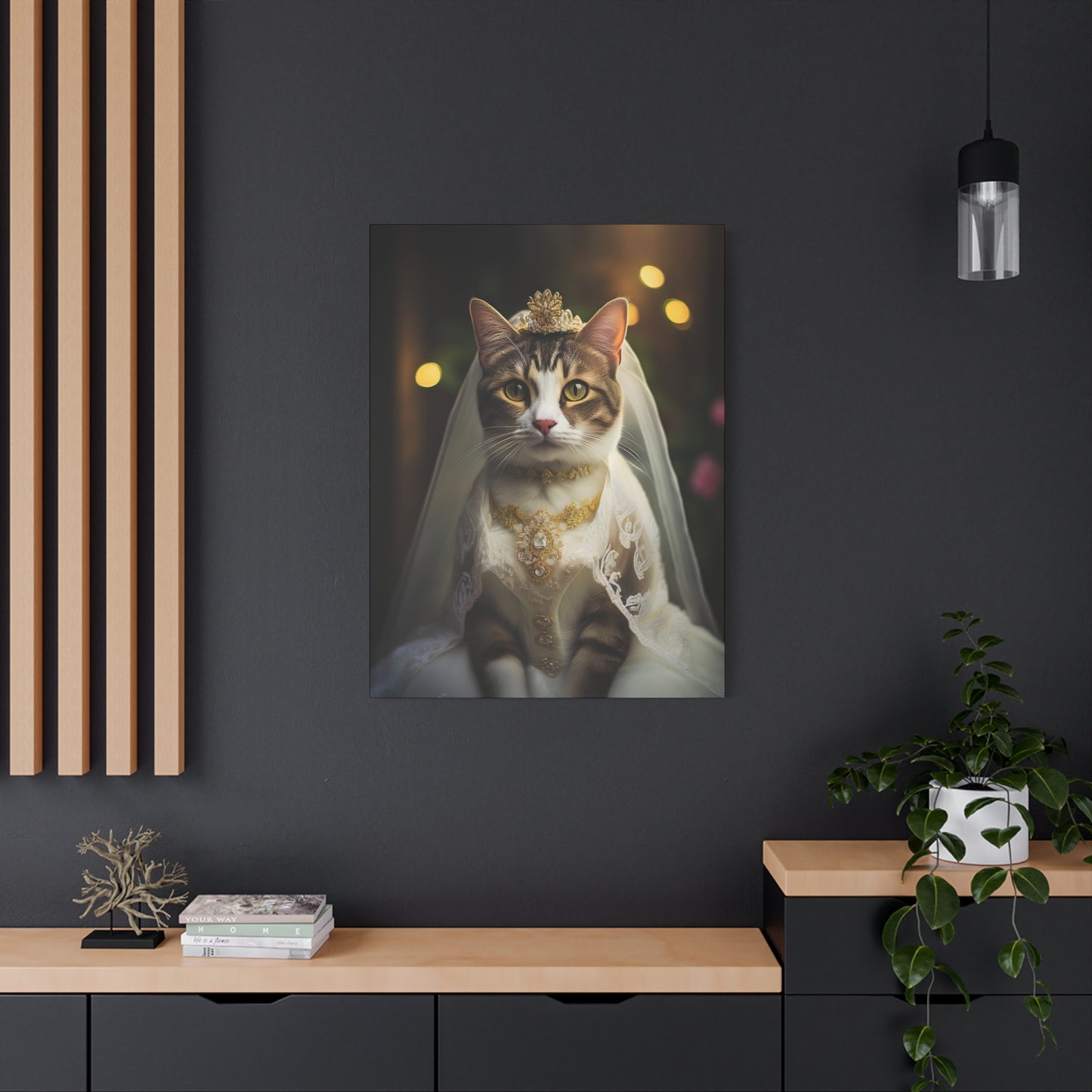 Cat Bride in White Lace Dress Canvas Art | Stretched Matte Wall Decor