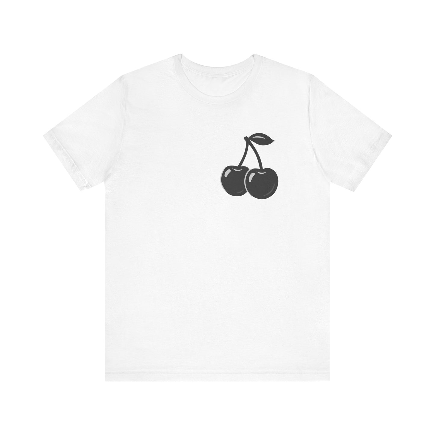 Dark Cherry Graphic T-Shirt – Minimal Dark Theme Grayscale Fruit Design on Black Tee with Subtle Style and Modern Ghost Effect. Unisex Jersey Short Sleeve Tee