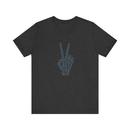 Skeleton Peace Hand Graphic T-Shirt – Gritty Dark Theme Grayscale Bones on Black Tee with Rebellious Calm and Modern Ghost Effect. Unisex Jersey Short Sleeve Tee