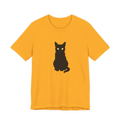 Glowing-Eyed Black Cat Shirt – Dark Theme Feline Stare for Maximum Spook and Minimal Effort. Unisex Jersey Short Sleeve Tee