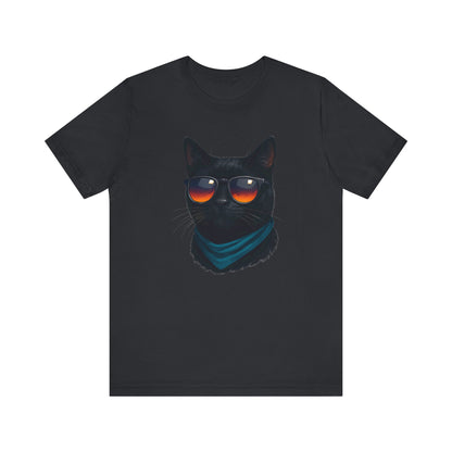 Cool Black Cat with Shades Graphic Tee Dark Theme – Retro Sunset Sunglasses Vector Design
